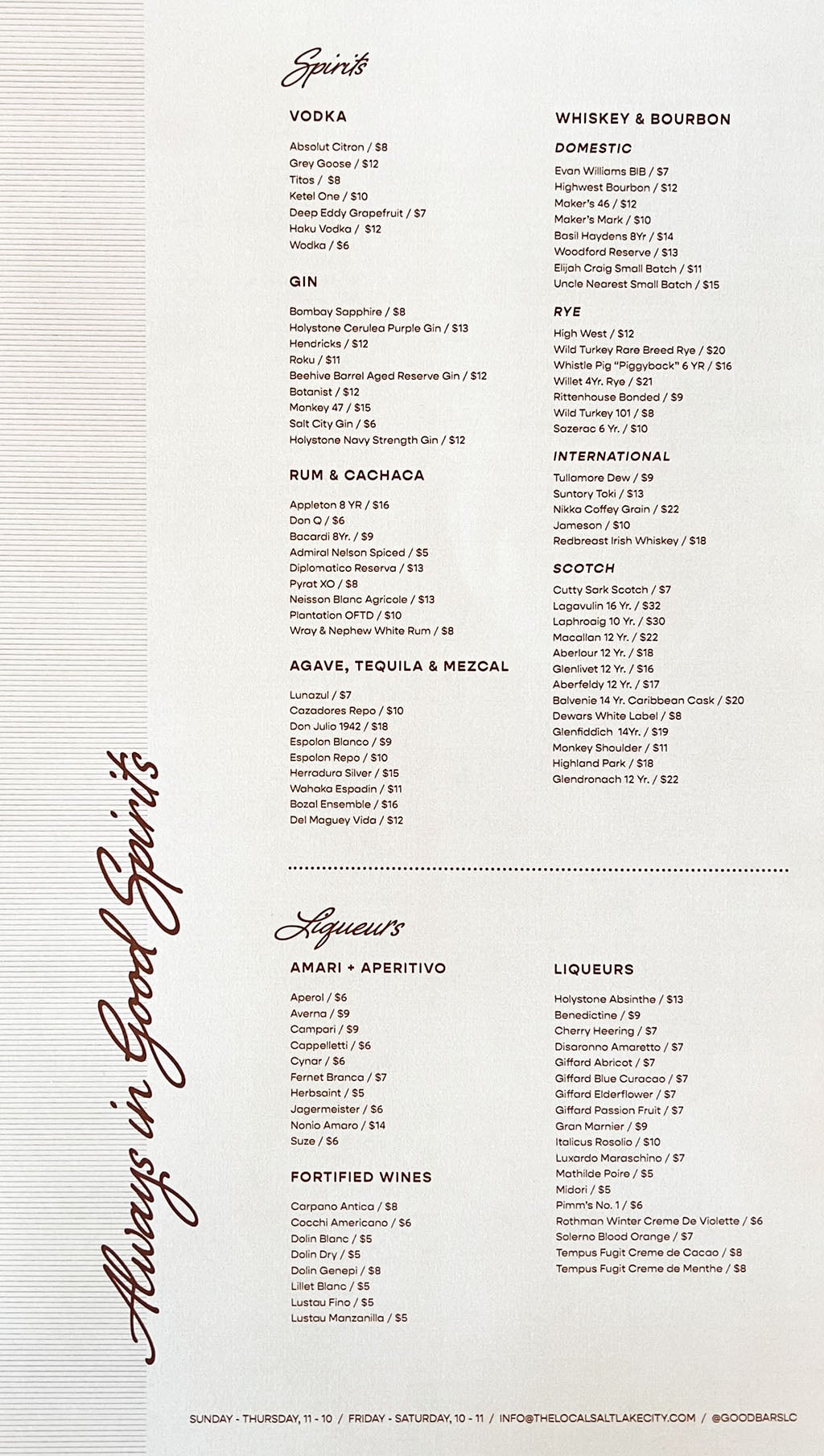 Good Bar at The Local spirits menu