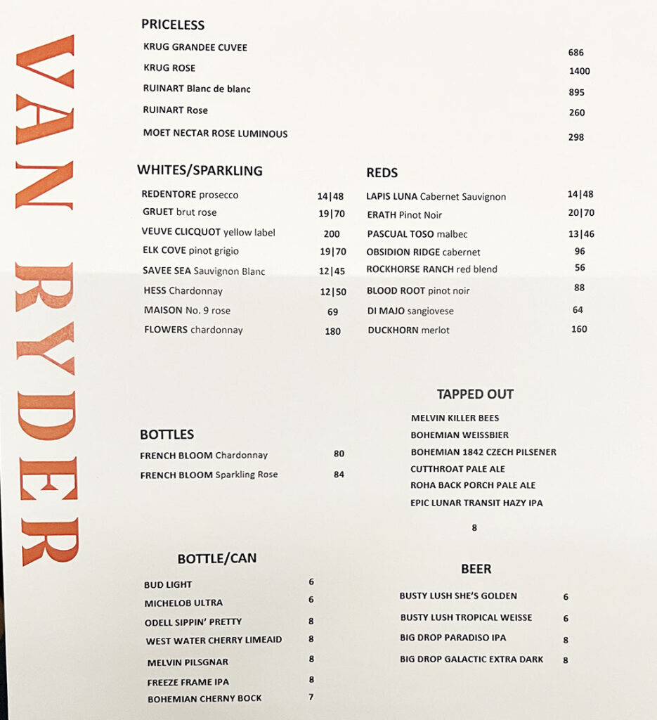 Van Ryder menu - wine, beer