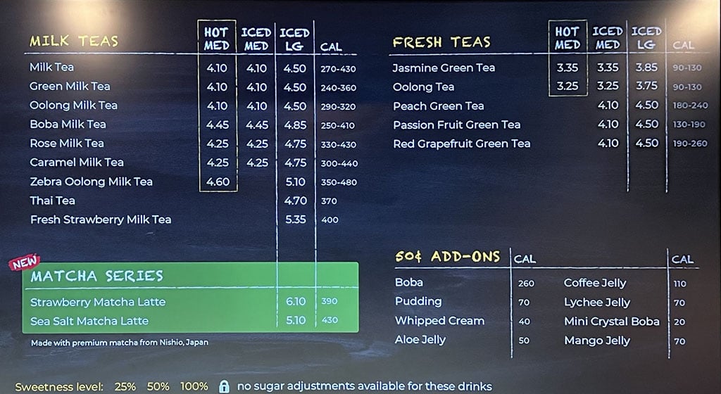 85C Bakery Cafe menu - teas