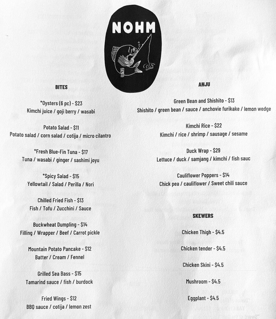 Bar Nohm menu - bites, anju, skewers