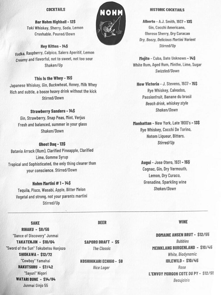 Bar Nohm menu - cocktails, beer, wine