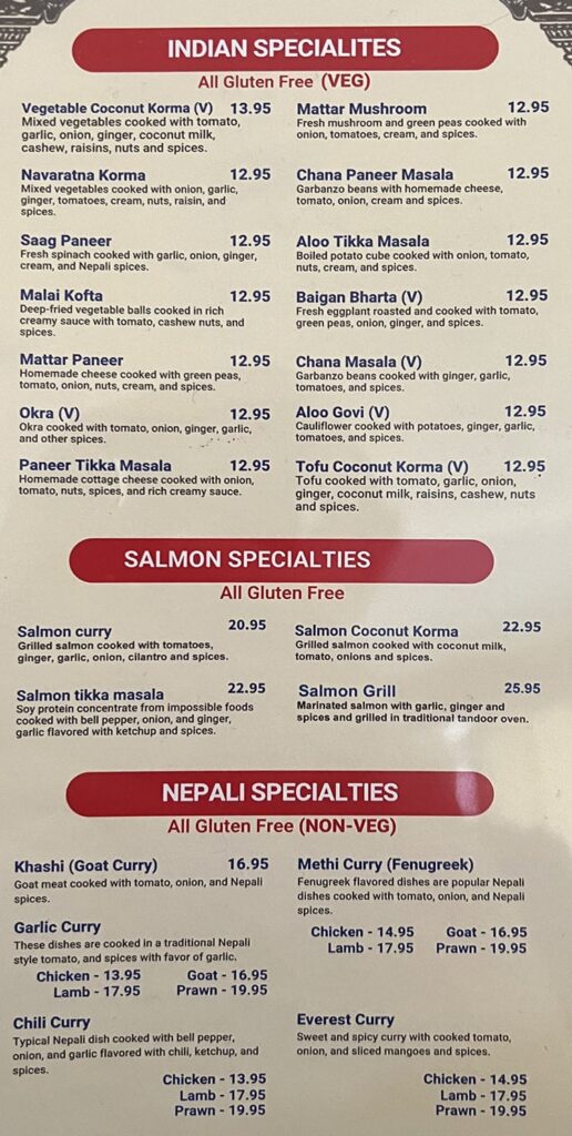 The Kathmandu menu - Nepali and salmon