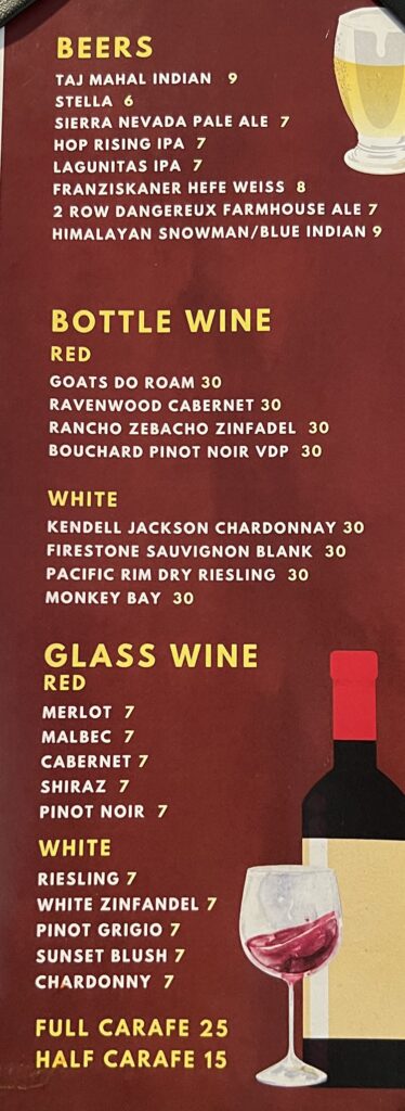 The Kathmandu menu - beer, wine