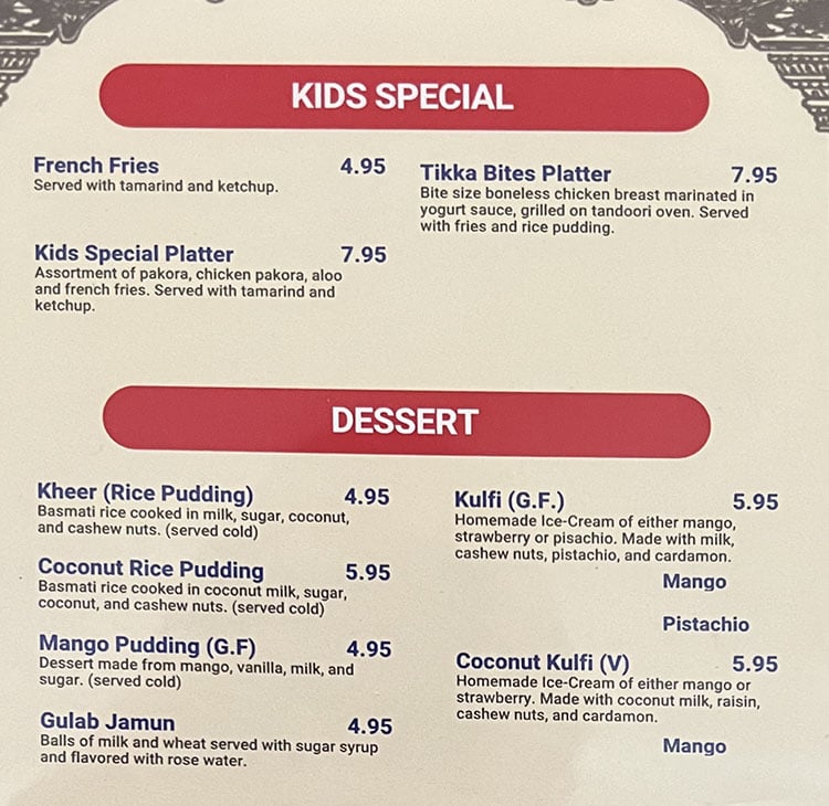 The Kathmandu menu - kids, dessert