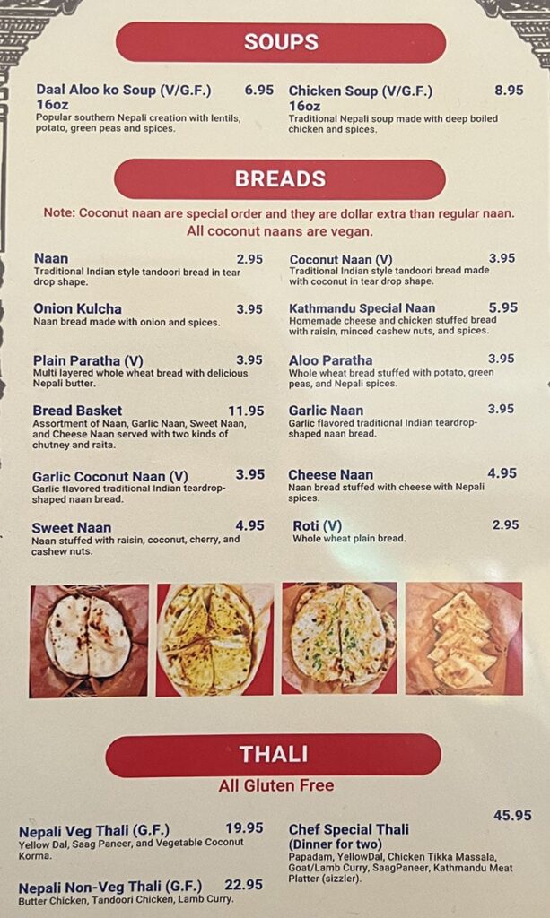 The Kathmandu menu - soup, bread, thali