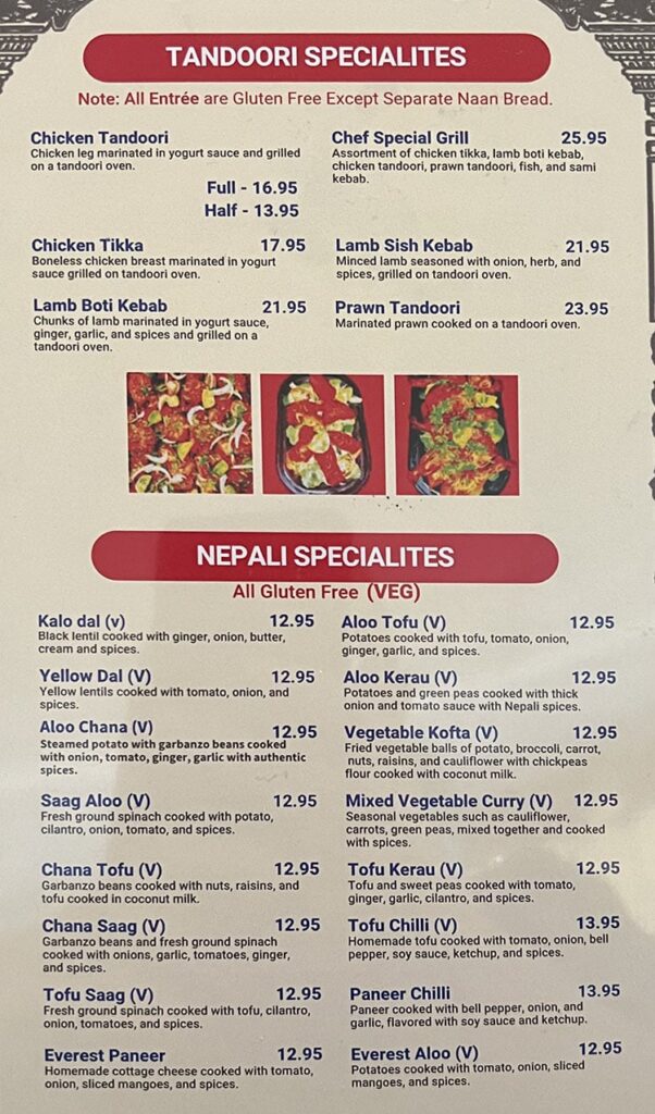The Kathmandu menu - tandoori, nepali