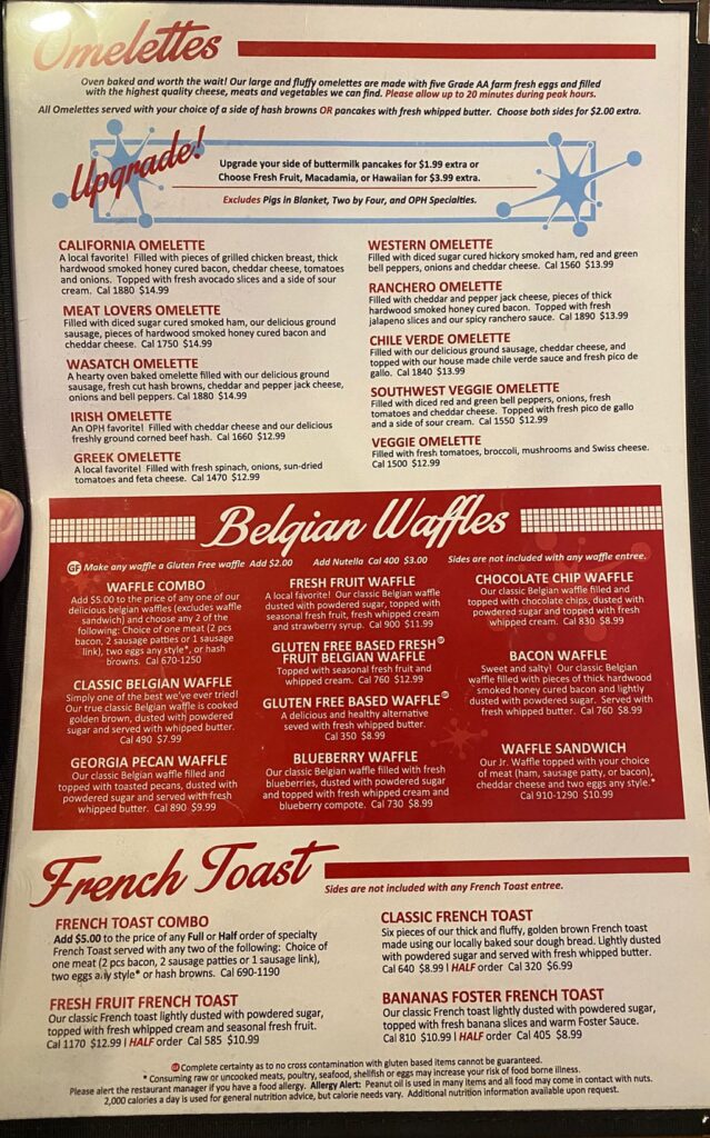 The Original Pancake House Dec 23 menu - omelettes, Belgian waffles, French toast