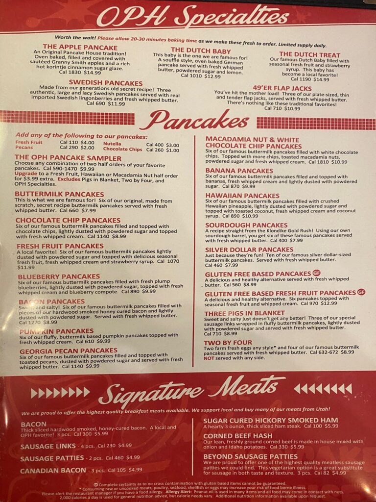 The Original Pancake House Dec 23 menu - specialties, pancakes