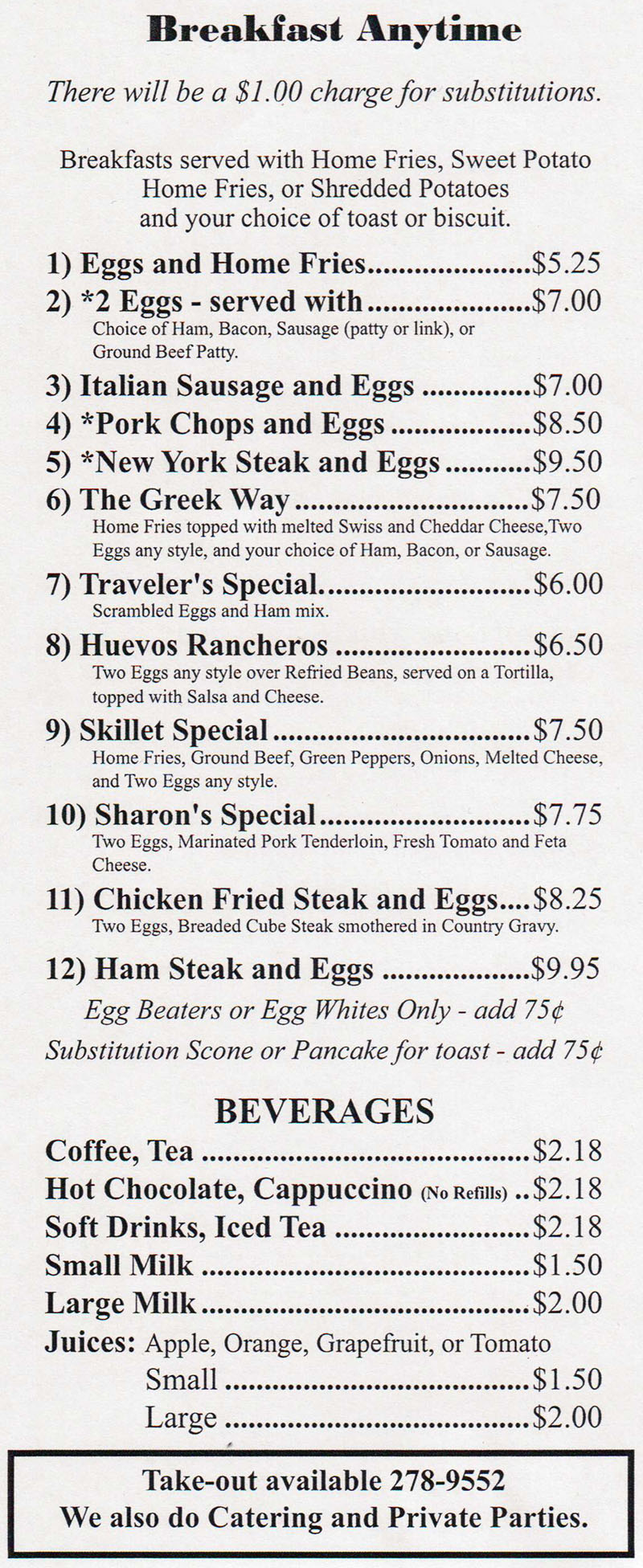 Sharons Cafe menu - breakfast any time, beverages