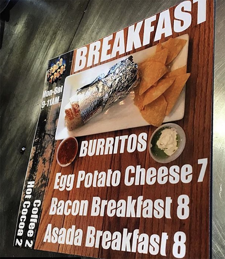 Taco Taco menu - breakfast