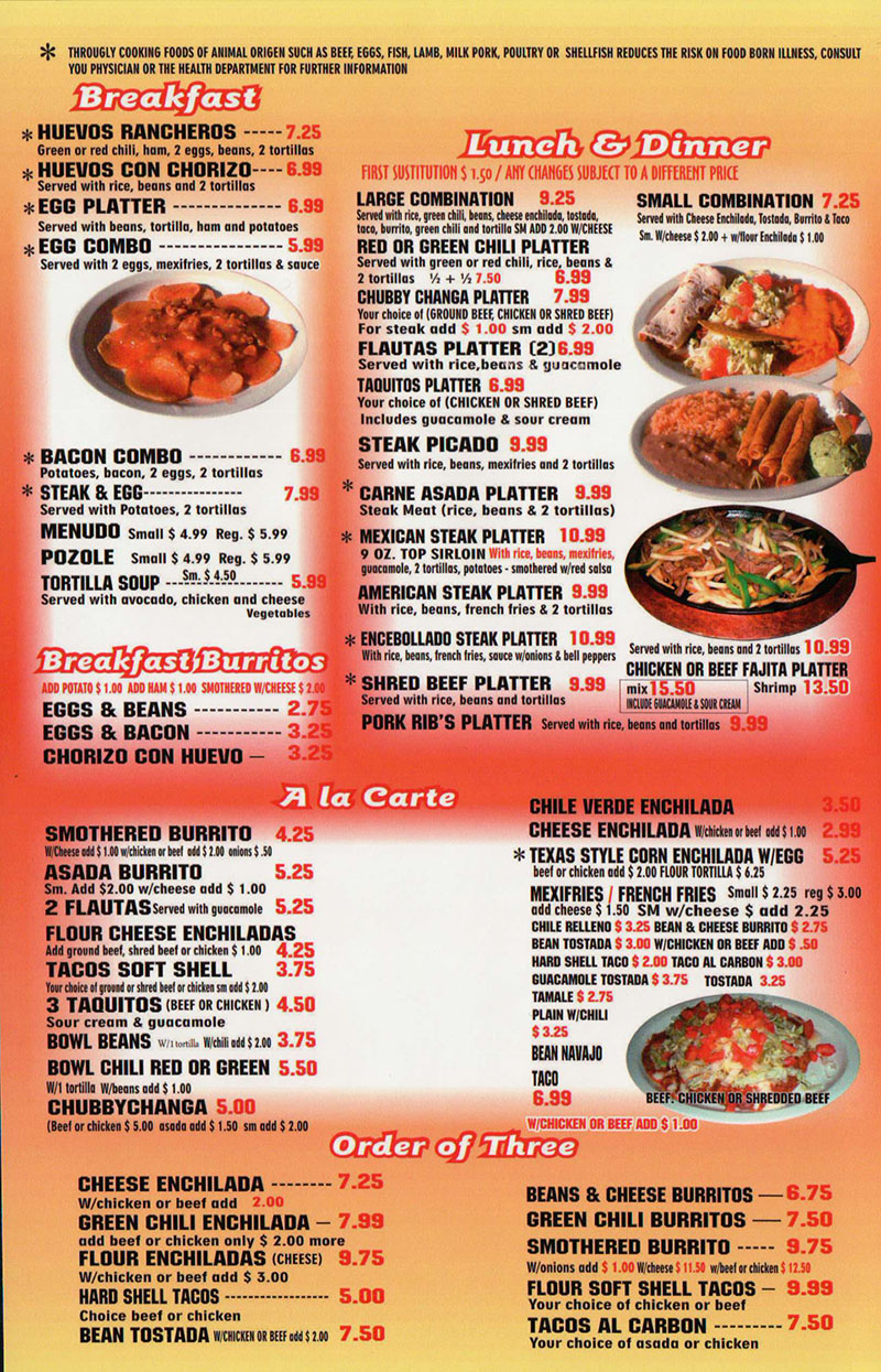 Chubbys Mexican Restaurant menu - breakfast, lunch, dinner, ala carte