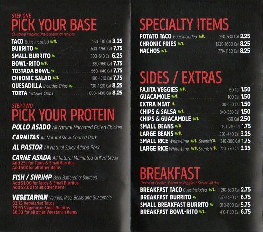 Chronic Tacos menu 2017