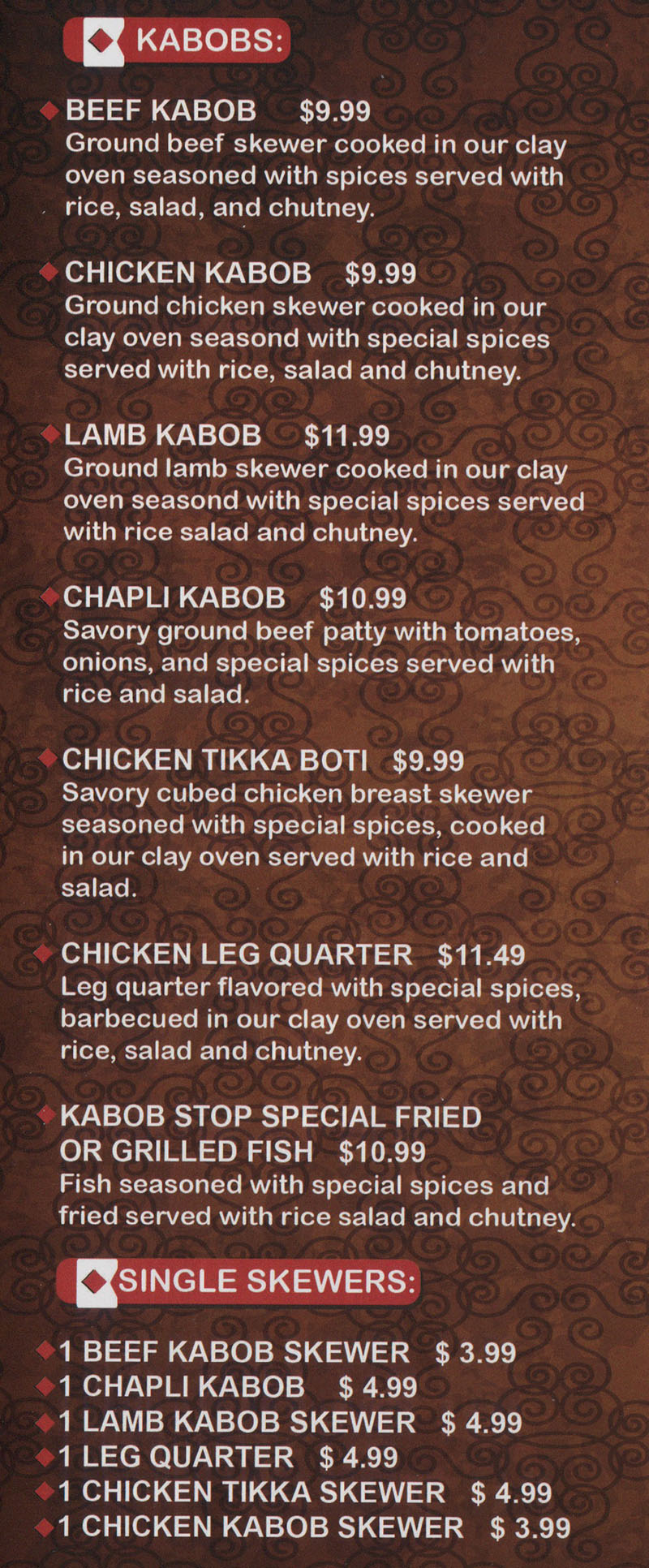 Kabob Stop menu - kabobs, singel skewers
