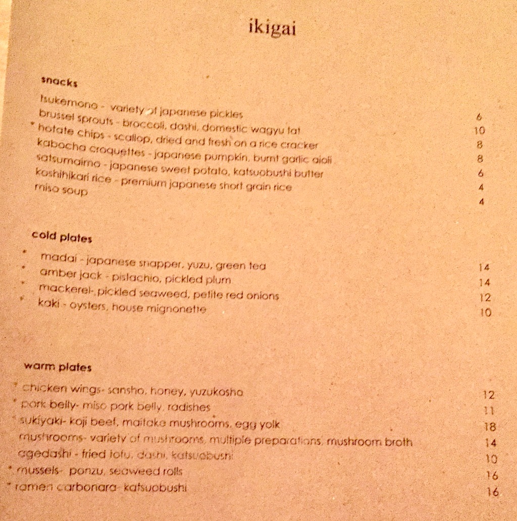 Ikagai food menu, late 2016