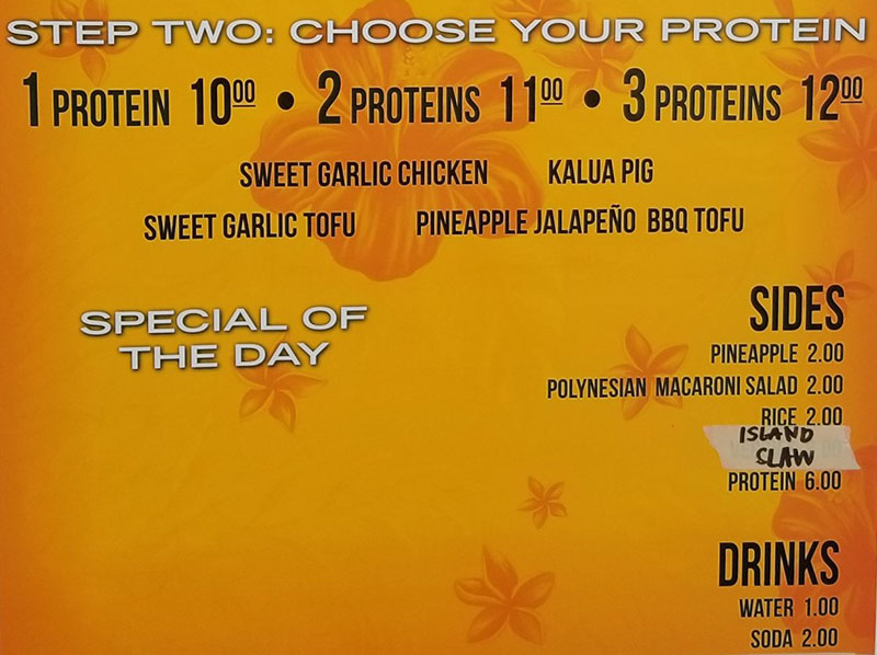 The Salty Pineapple menu - choose your protein, sides, drinks