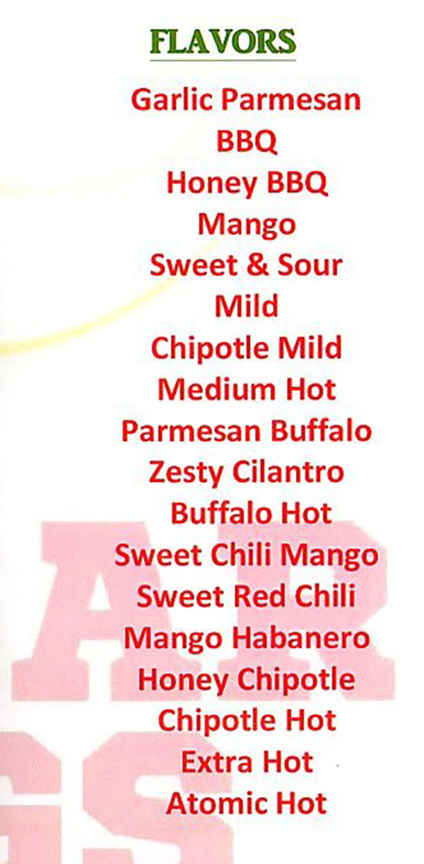 Stellar Wings menu - flavors