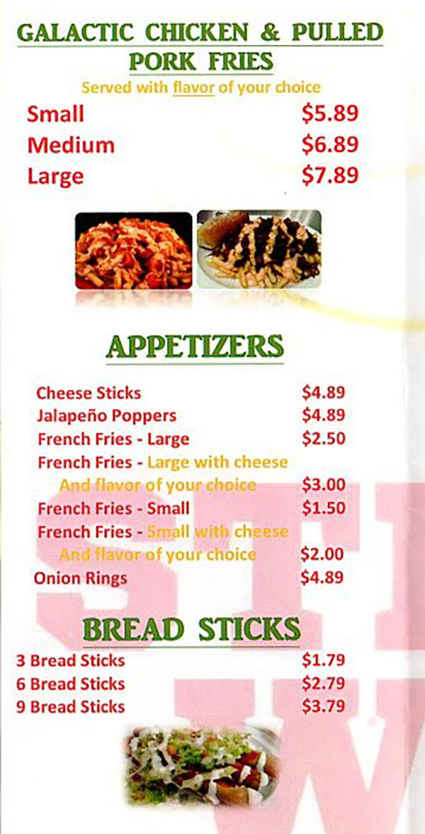 Stellar Wings menu - galactic chicken, appetizers, bread sticks