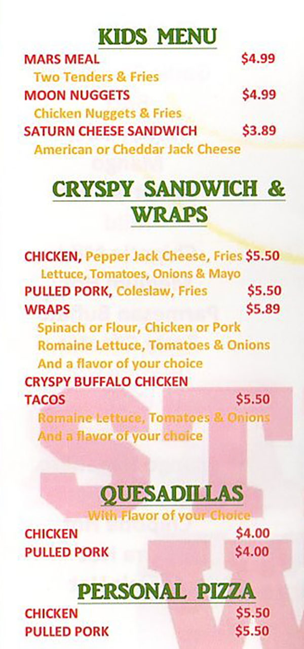 Stellar Wings menu - kids, wraps, sandwiches, pizza