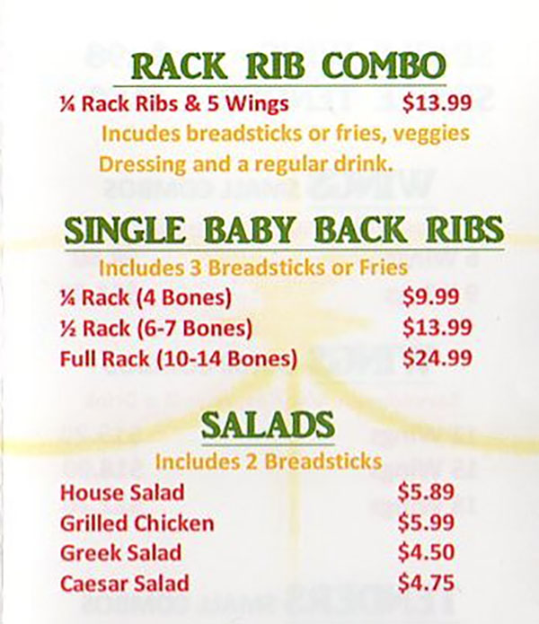 Stellar Wings menu - ribs, salads