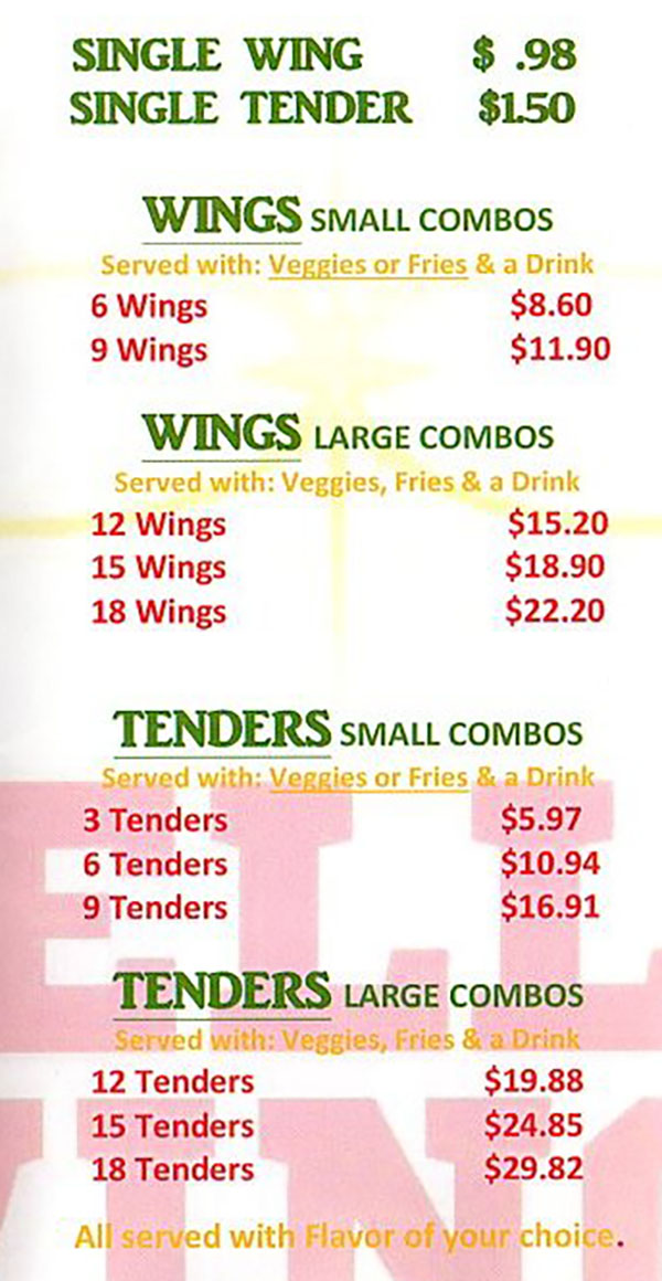 Stellar Wings menu - wings, tenders