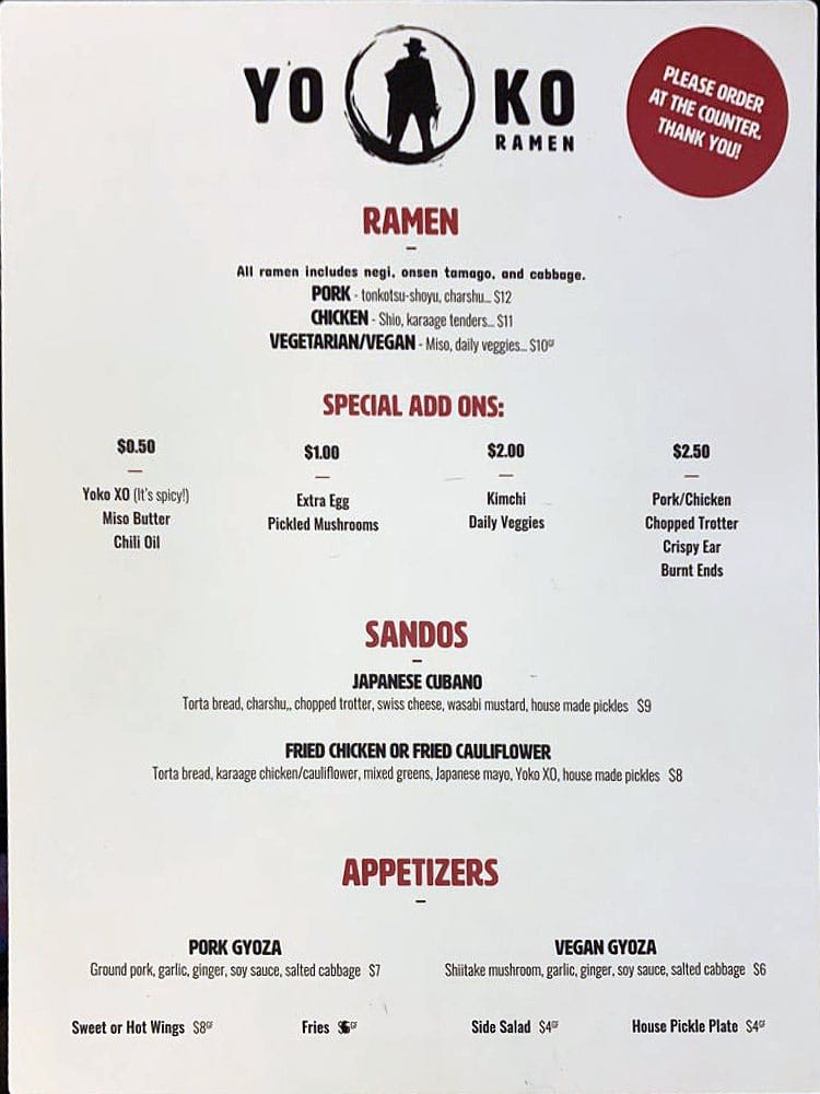 Yoko Ramen menu - ramen, sandwiches, appetizers