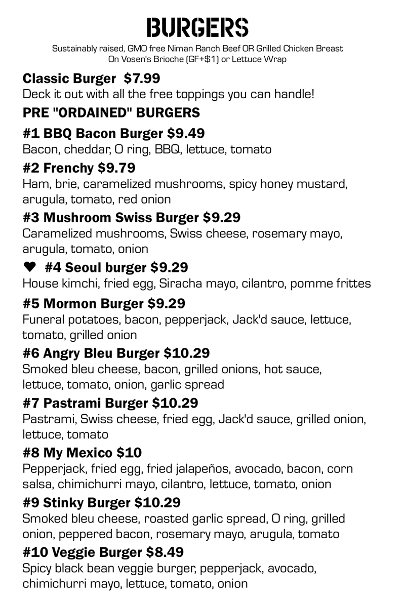 Fat Jack's menu - burgers