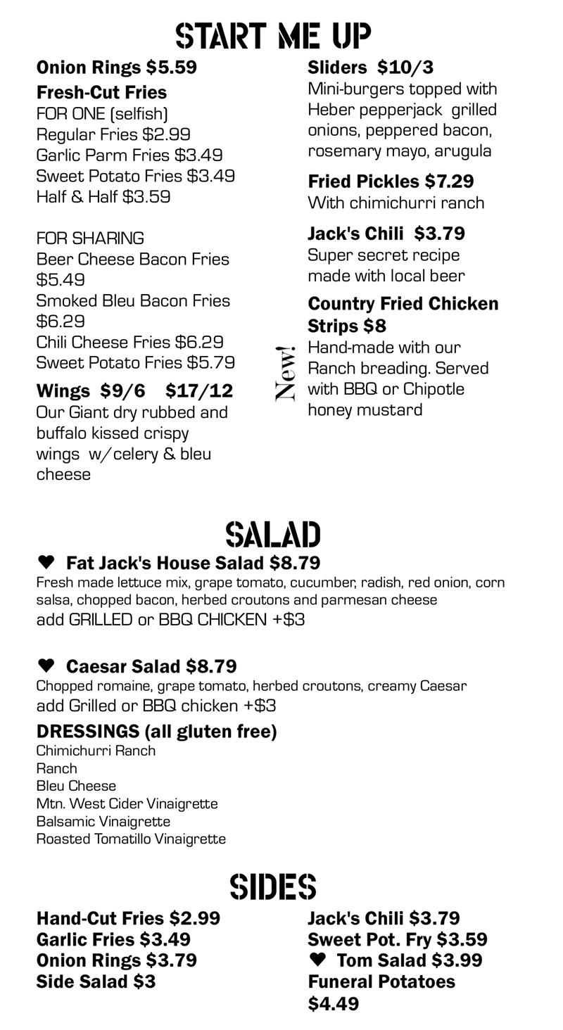 Fat Jack's menu - start me up, salad, sides