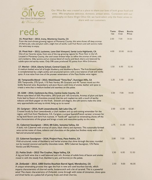 We Olive Salt Lake City menu - red wine