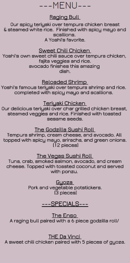 Yoshis Enso Grill food truck menu