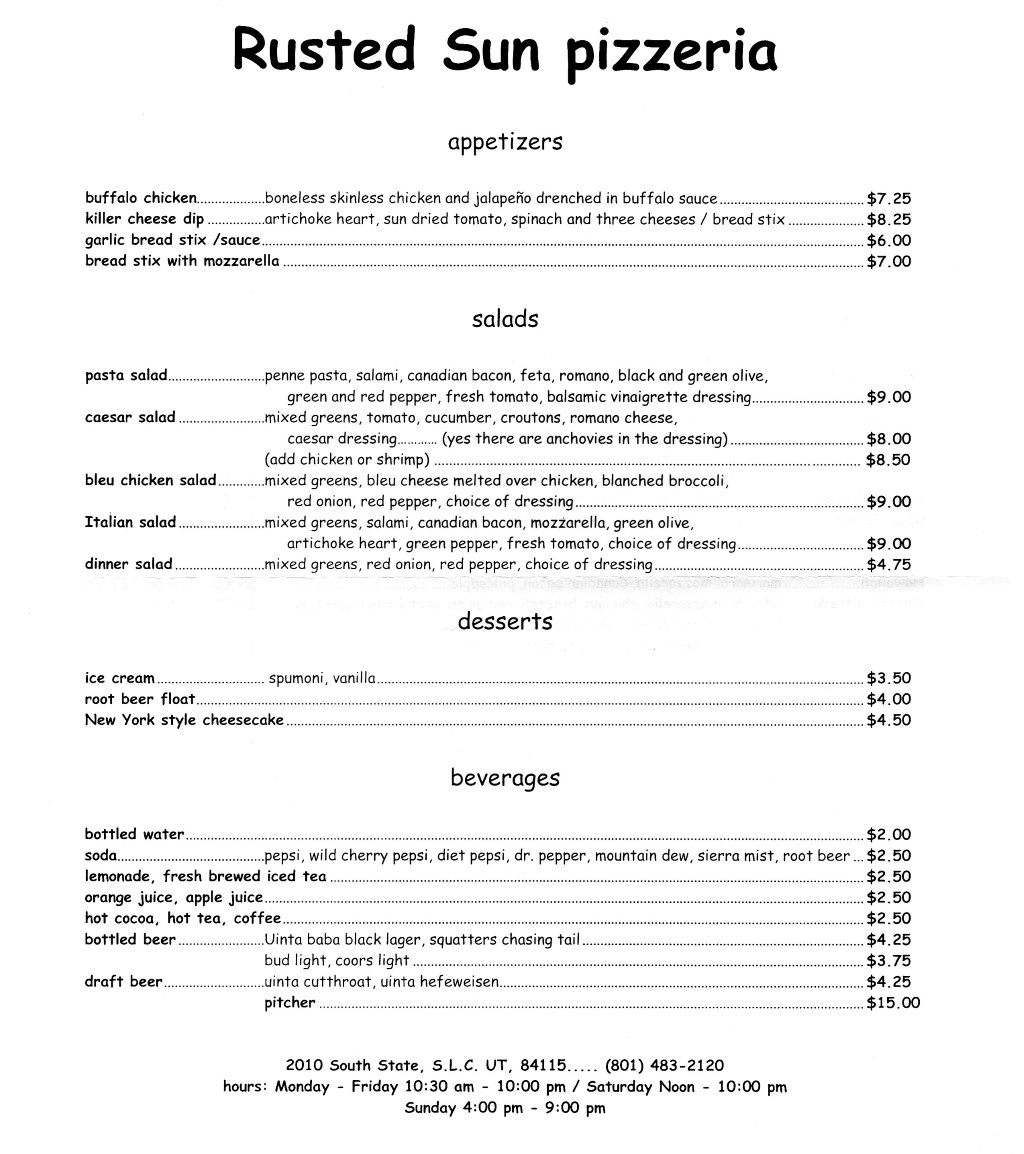 Rusted Sun Pizzeria menu - appetizers, salads, desserts, beverages