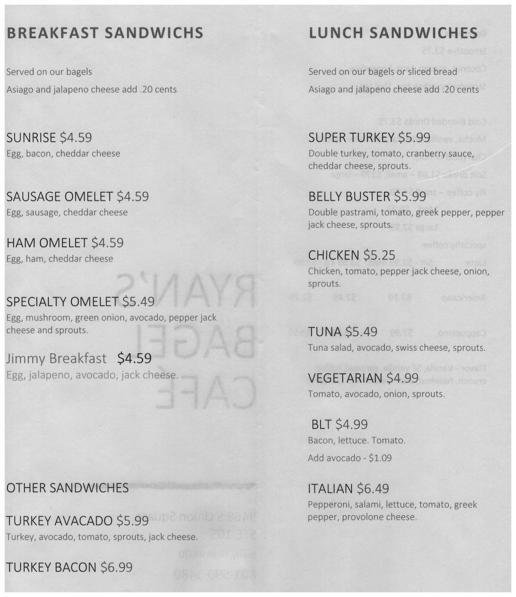 Ryan's Bagel Cafe menu - breakfast, lunch, bagels, sandwiches