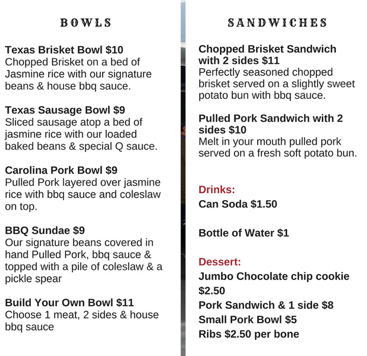 Smokin Star BBQ food truck menu - bowls and sandwiches