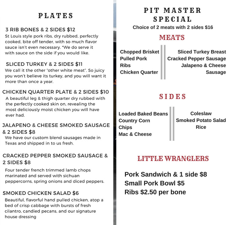 Smokin Star BBQ food truck menu - plates, specials, sides