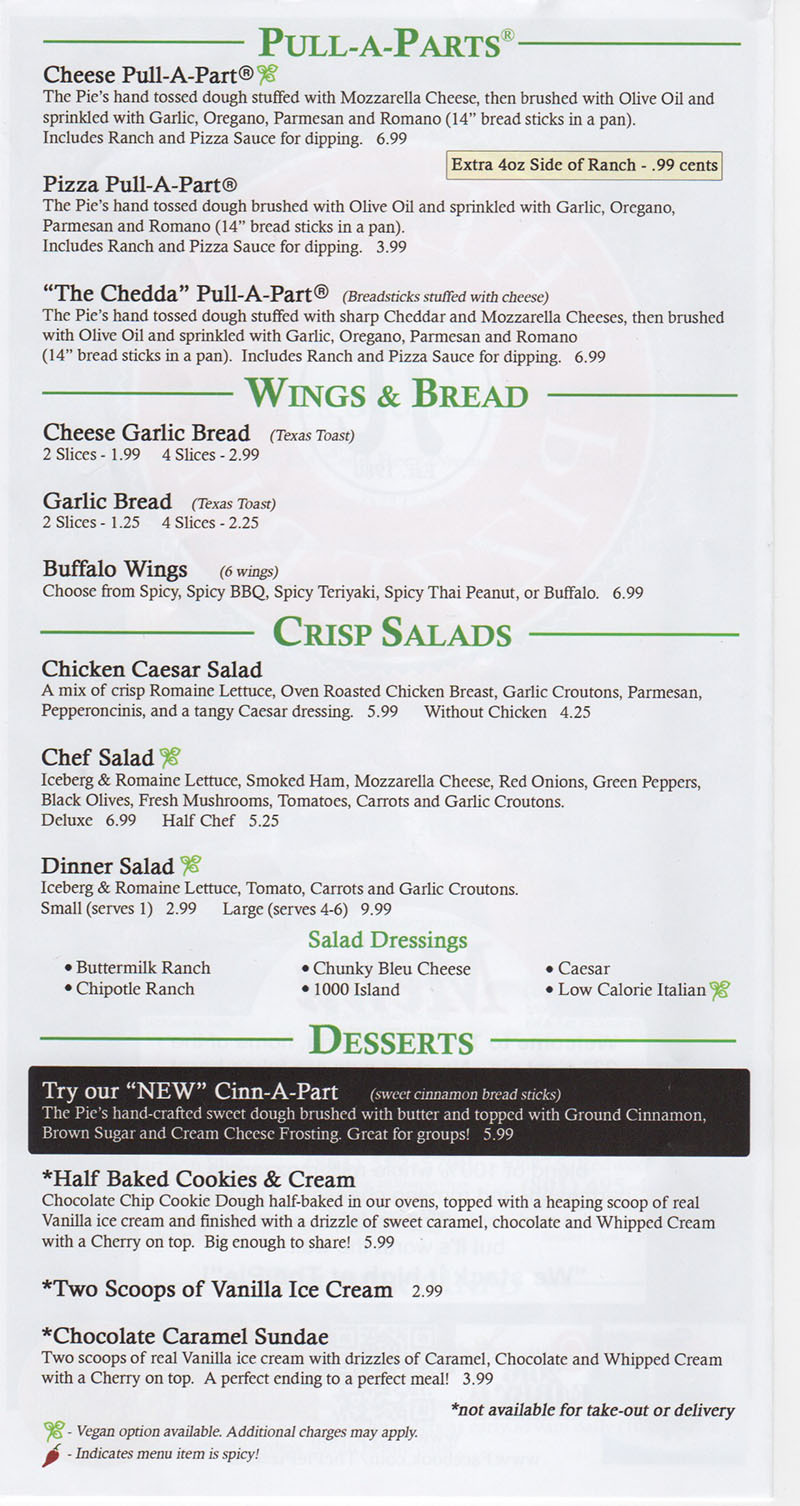 The Pie Pizzeria - pull aparts, wings, bread, salads, desserts