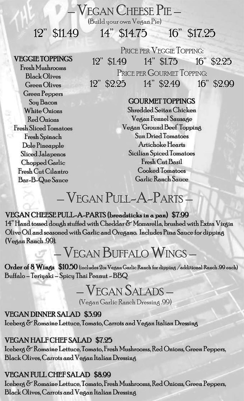 The Pie Pizzeria vegan menu - pizza, pull a aparts, wings, salads