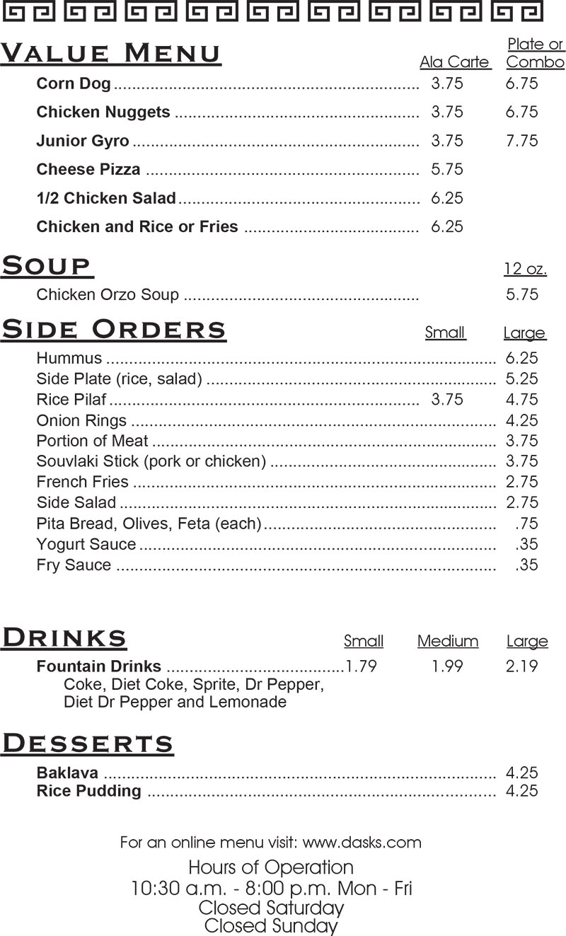 Dasks menu - value menu, soups, sides, drinks, dessert