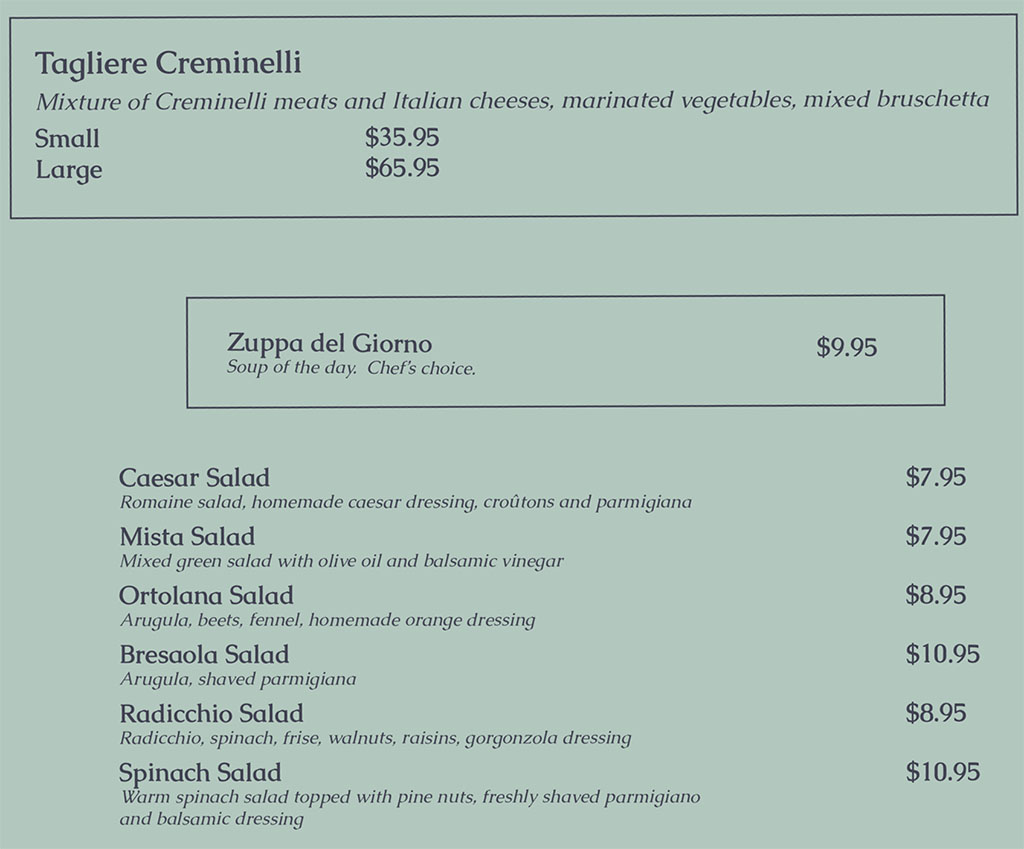 Dolce Sicilia Sugar House menu - antipasti, soup, salad