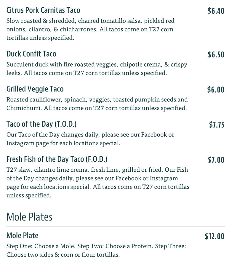 Taqueria 27 menu - more tacos and mole plates