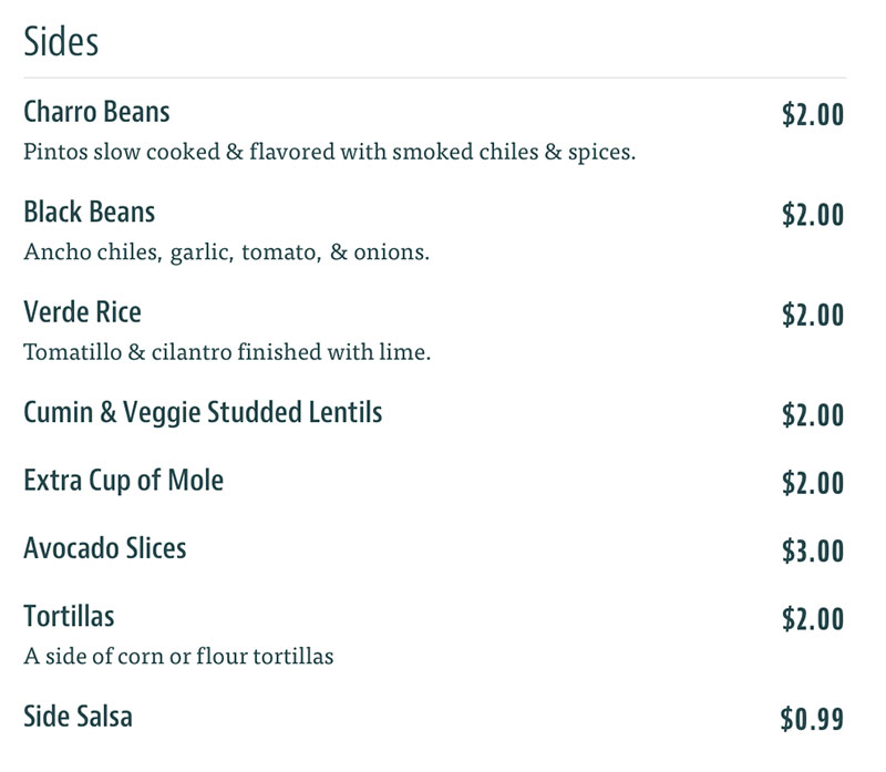 Taqueria 27 menu - sides
