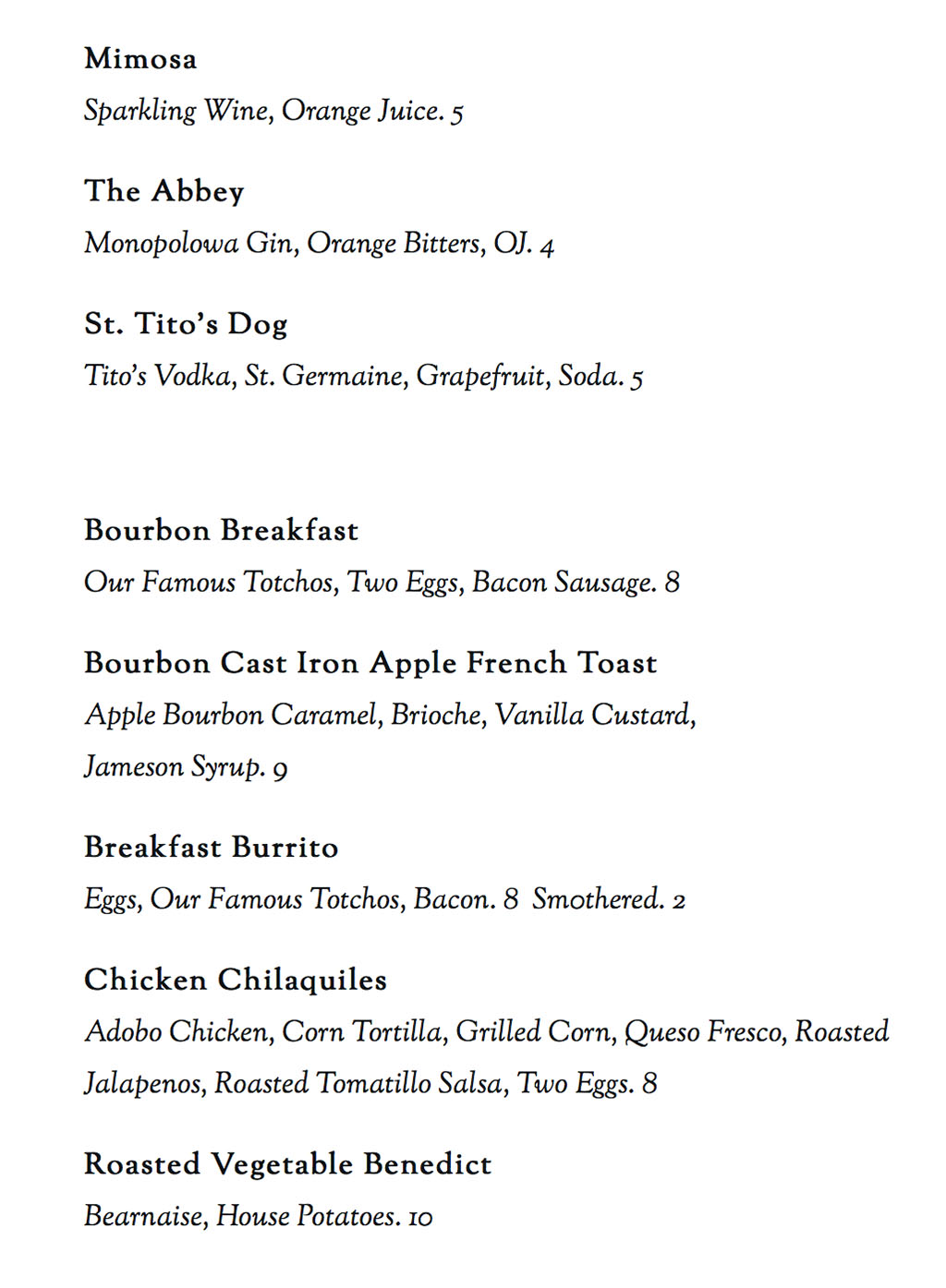 Bourbon House menu - more breakfast and brunch