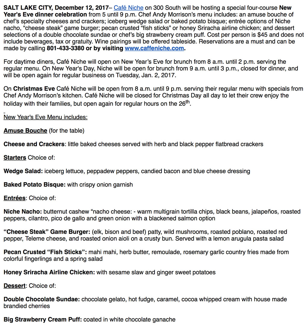 Cafe Niche New Years Eve 2017 menu