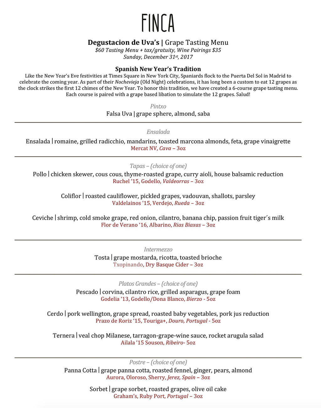 Finca New Years Eve 2017 menu
