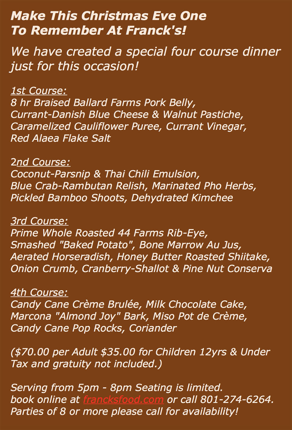 Francks Christmas Eve 2017 menu