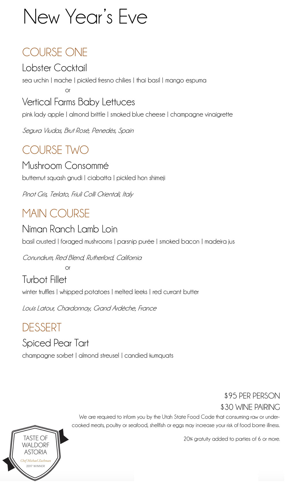 Powder At Waldorf Astoria New Years Eve 2017 menu