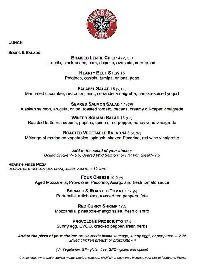 Silver Star Cafe menu - lunch, soups, salads, pizza