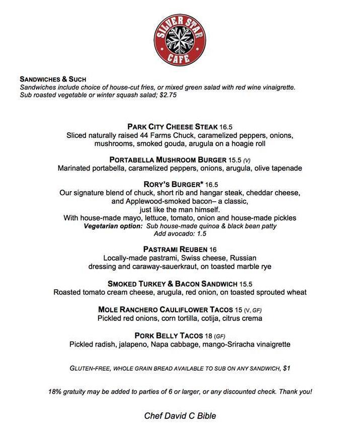 Silver Star Cafe menu - lunch, sandwiches