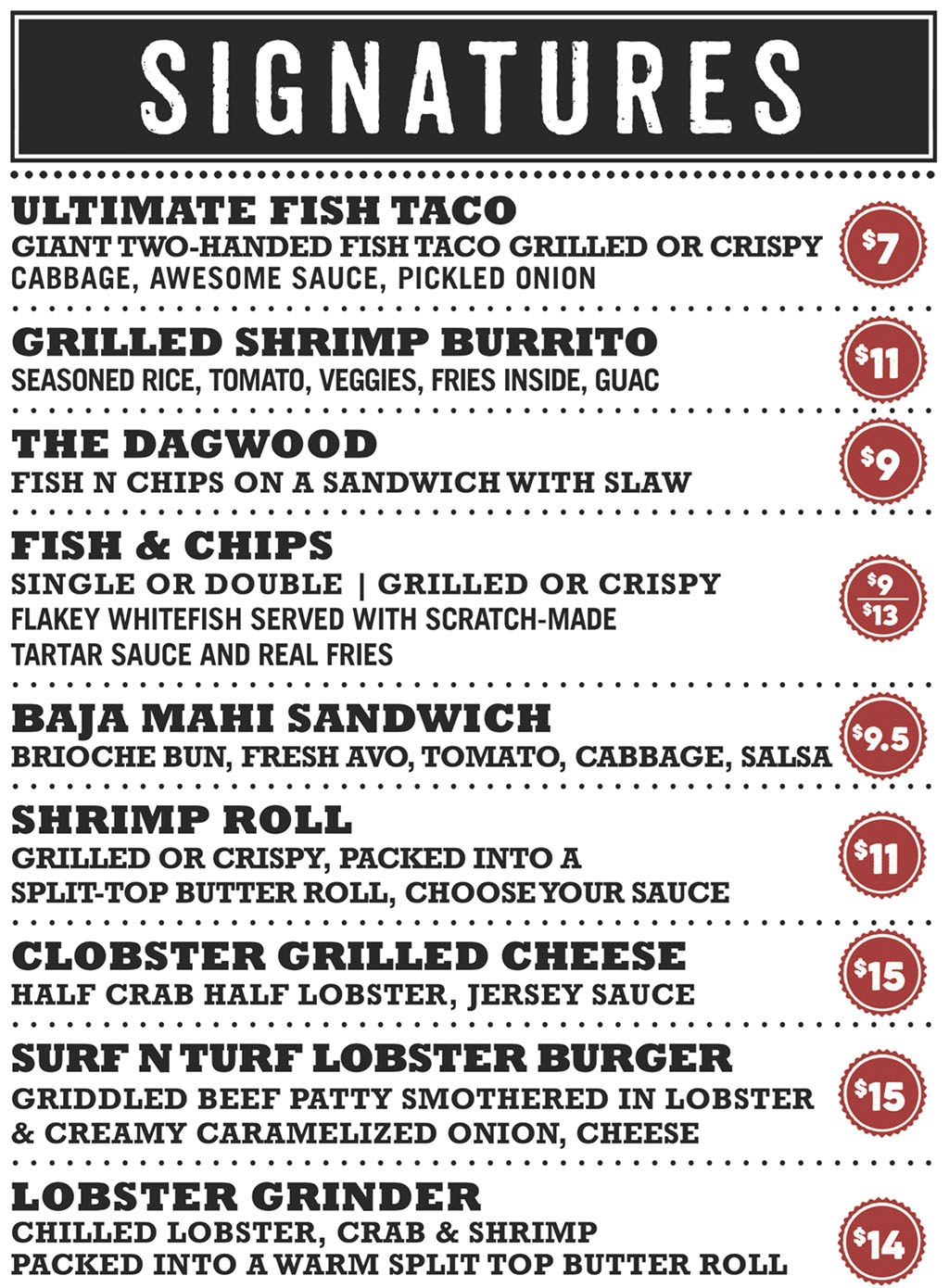 Slapfish menu - signature dishes