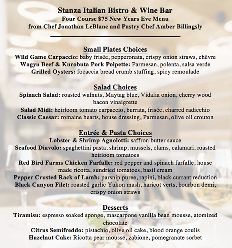 Stanza New Years Eve 2017 menu