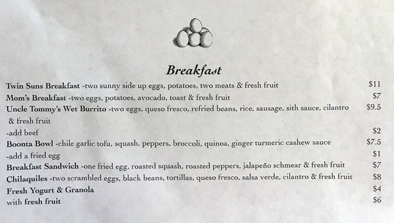 Twin Suns Cafe menu - breakfast