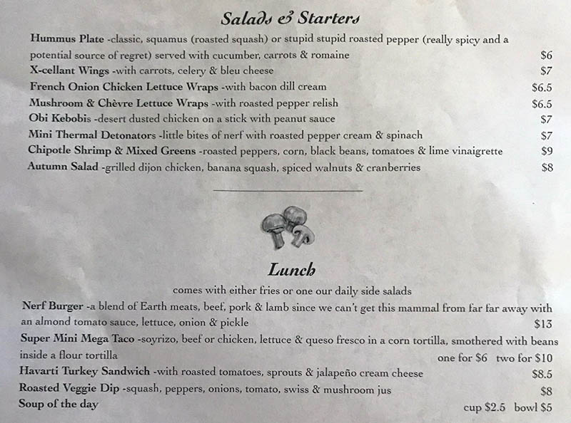 Twin Suns Cafe menu - salads, starters, lunch